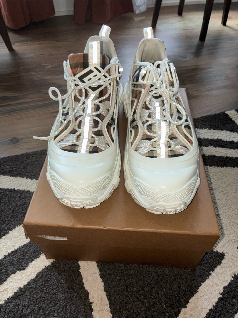 Burberry Cream and Check Pattern Chunky Lace-Up Sneakers